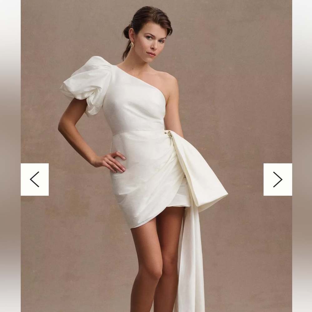 Sachin & Babi Dova Puffed One-Shoulder Bow Train Wrap Mini Dress